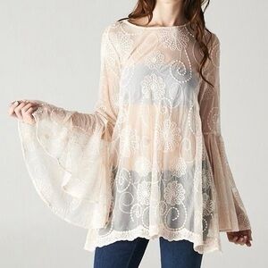 Love Stitch Sheer Black Floral Long Sleeve Lace Blouse - size M